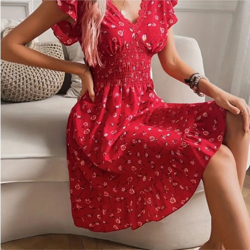 Boho Red Floral Ruffle Cap Sleeve V-Neck A-Line Swing Mini Sundress NWOT - Picture 3 of 14